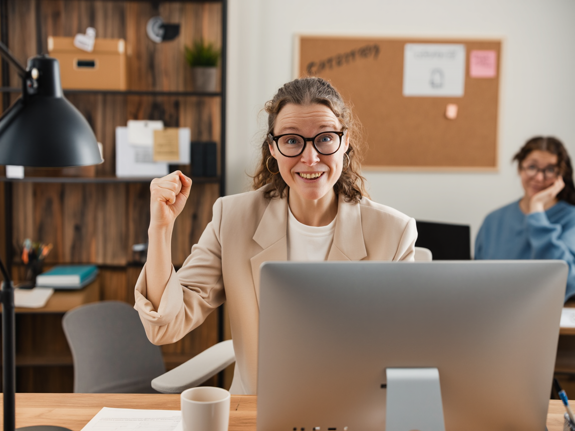 A confident auction administrator raises her fist in victory