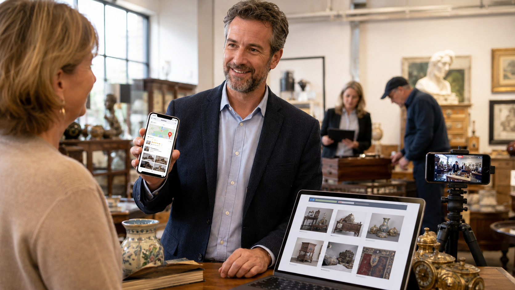 Smiling bidder showing his mobile auction app to an auction professional