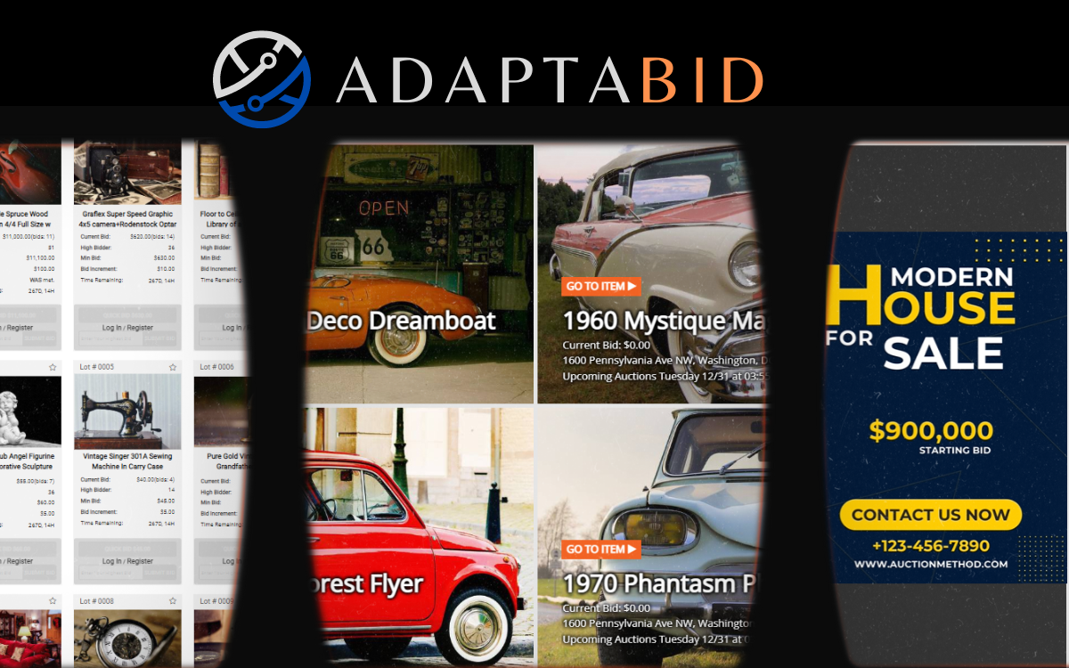 AdaptaBid product image with imagery of auction interfaces