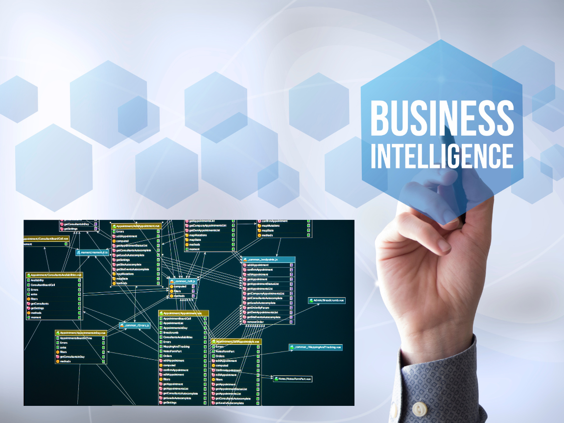 Hand holds up 'business intelligence' sign next to a relational database