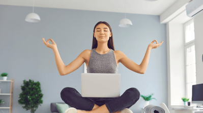 Yoga lady with laptop. Easy data entry.