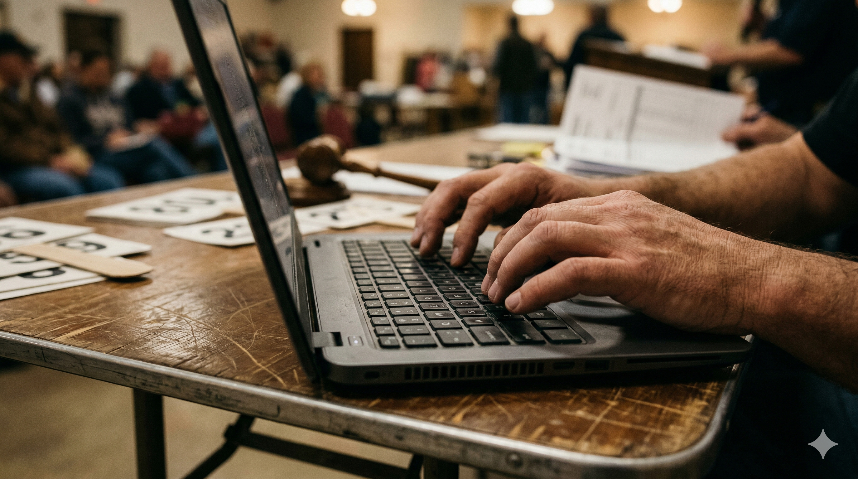 An auction clerk types bids into a laptop using fast keyboard controls