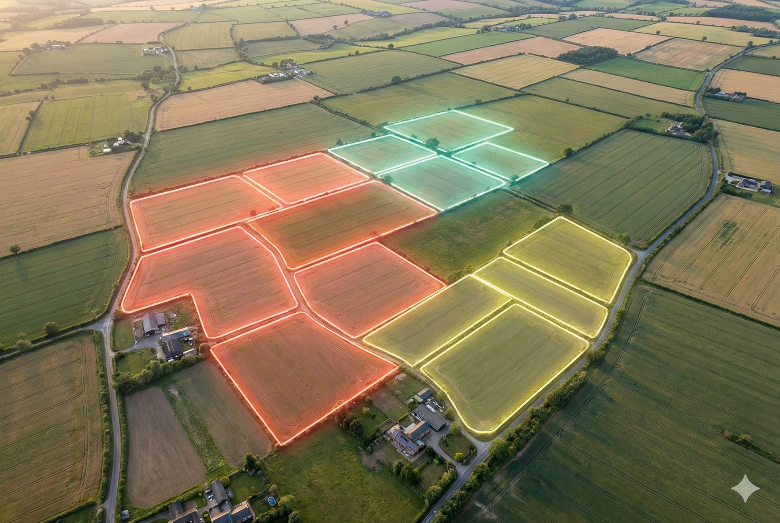 an aerial view of farmland divided into parcels, with highlighted sections (nod to multi-par real estate roots)