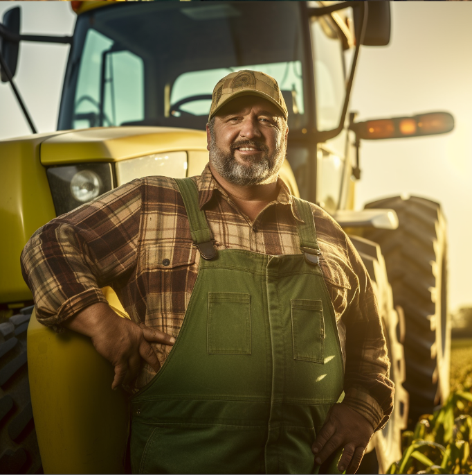 Farmer in front of corn combine