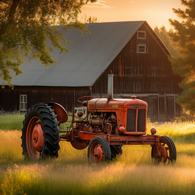 antique tractor in front of an old barn