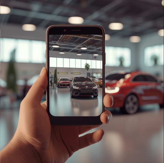 A hand holding a mobile phone with a picture of a car on the device