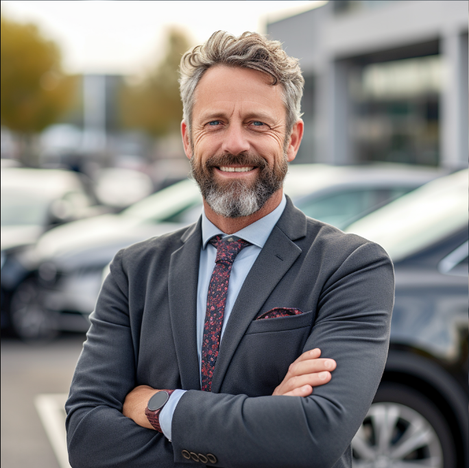 A successful entrepreneur stands in front of a car dealership