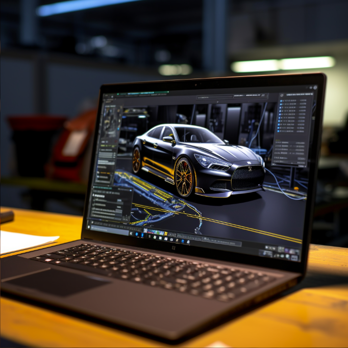 Laptop displays image of car and computer software