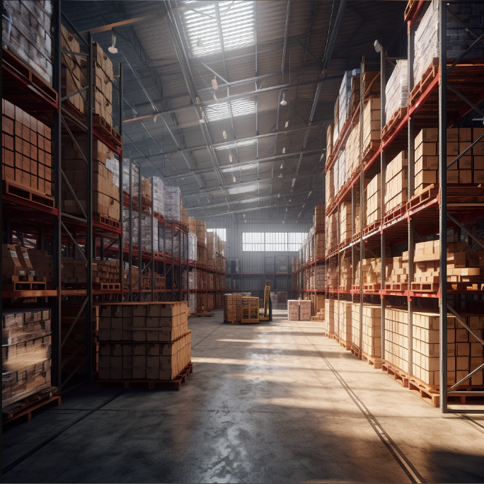 Warehouse filled with neatly stacked boxes