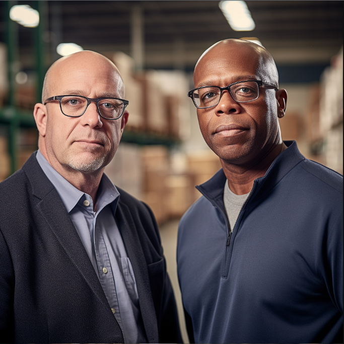 Two entrepreneurs in a warehouse