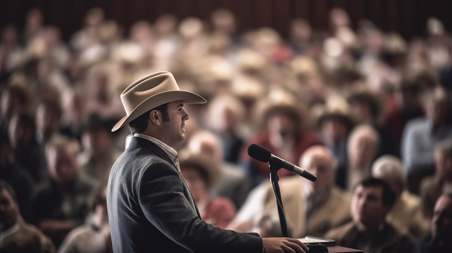 An auctioneer in front of an audience of bidders