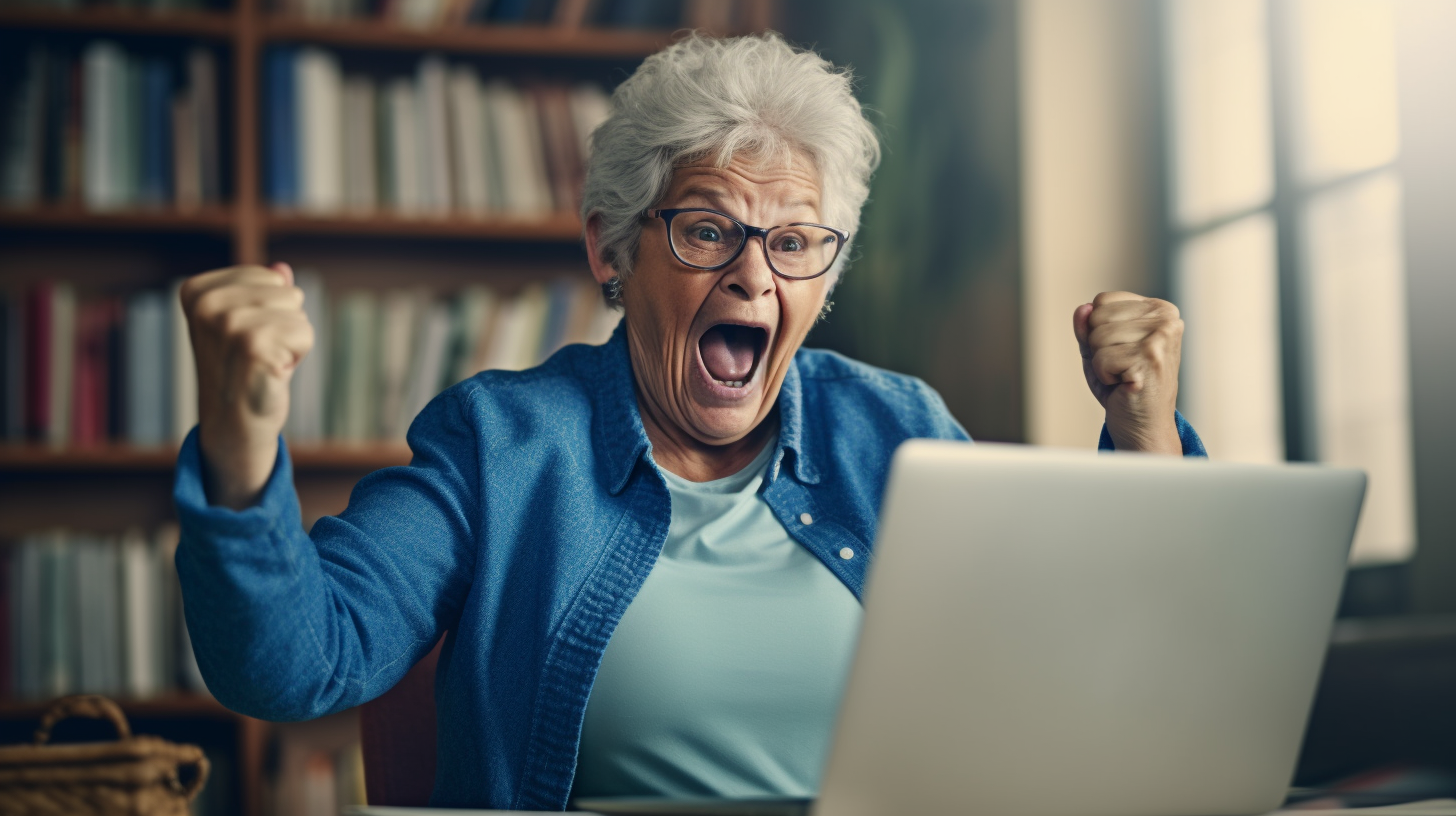 elderly lady in front of computer raising fists triumphantly