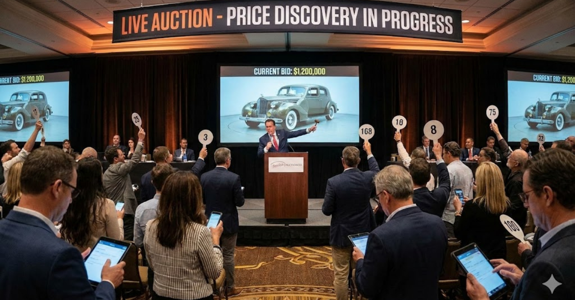 A car auction with a sign that says 