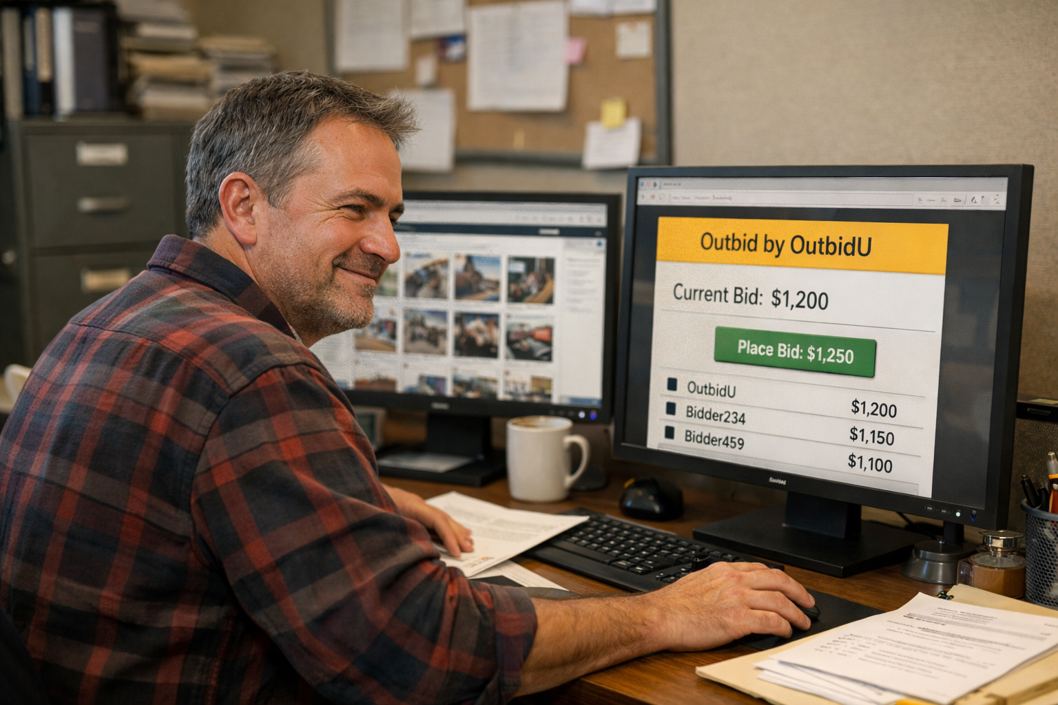 A male in his 40s or 50s wearing a flannel shirt sits at a desk with two monitors. On one screen, an online auction interface is visible showing a bidding notification that says “Outbid by OutbidU.” The man has a subtle, knowing half-smile as he watches bids climb. Papers, a coffee mug, and a catalog are on the desk.
