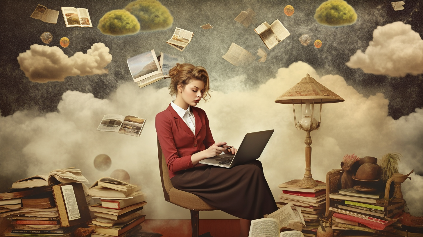 Surreal image of woman with laptop and mobile phone performing data entry